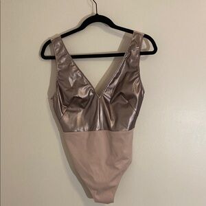 SHAN Eva Plunging Metallic One-Piece Swimsuit Rose Gold Sz 10